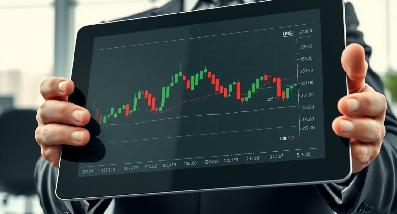 Professional trader using Aster's new USD1 perpetual futures trading interface on a digital tablet