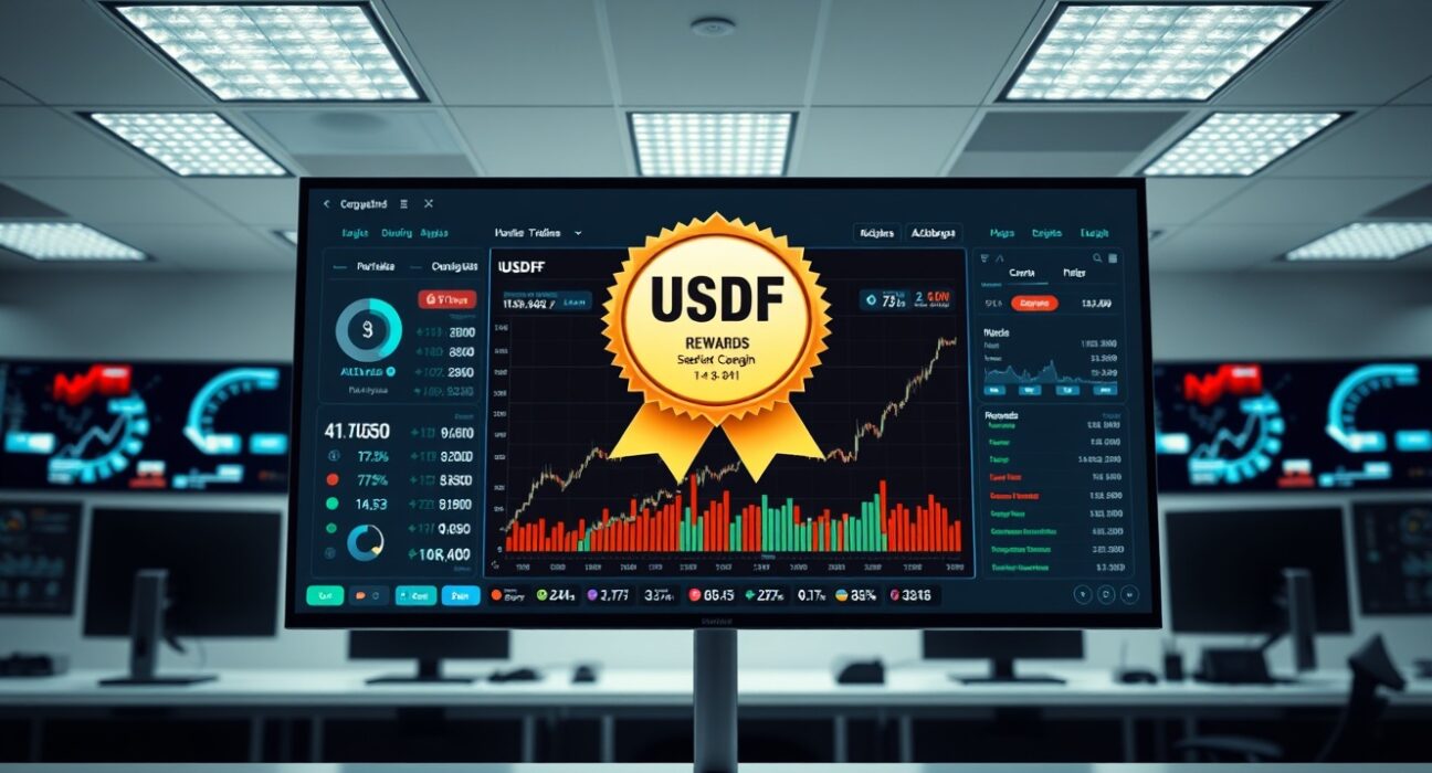 Aster DEX USDF reward campaign dashboard with trading charts and reward badge