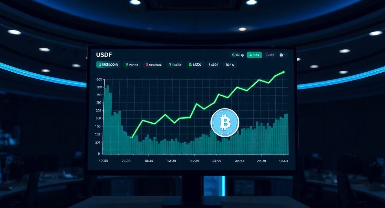 Digital dashboard showing rising chart and USDF stablecoin yield metrics