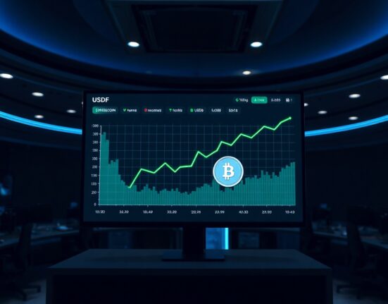 Digital dashboard showing rising chart and USDF stablecoin yield metrics