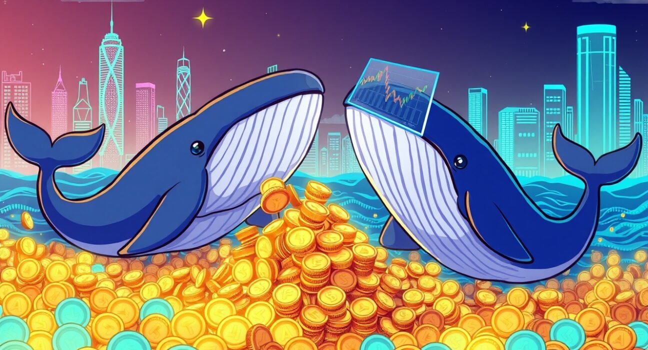 Cartoon illustration of two large whales gathering ASTER tokens, symbolizing a significant ASTER whale accumulation event and its market impact.