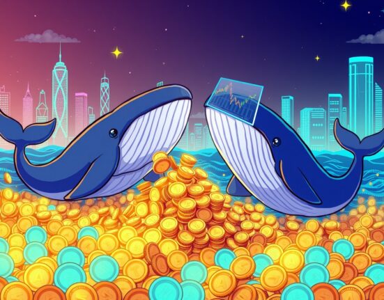 Cartoon illustration of two large whales gathering ASTER tokens, symbolizing a significant ASTER whale accumulation event and its market impact.