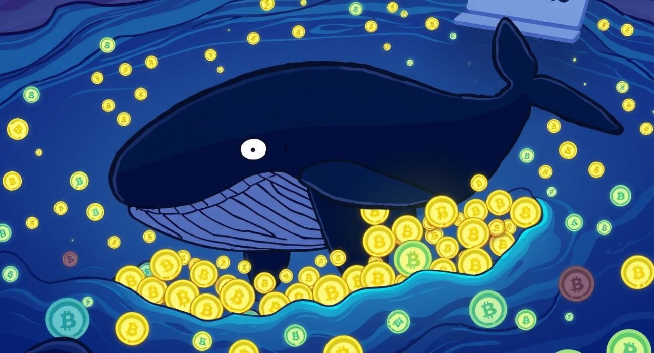 A powerful ASTER whale accumulating a massive pile of ASTER tokens, symbolizing significant market activity and investment.
