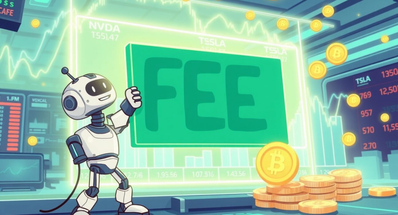 A vibrant cartoon illustrating the revolutionary removal of fees for stock perpetual futures trading on a digital exchange.