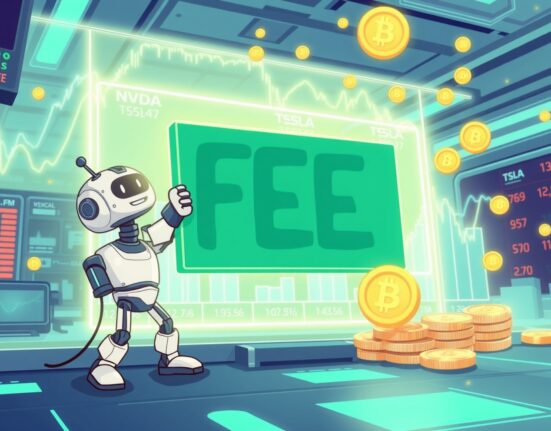 A vibrant cartoon illustrating the revolutionary removal of fees for stock perpetual futures trading on a digital exchange.