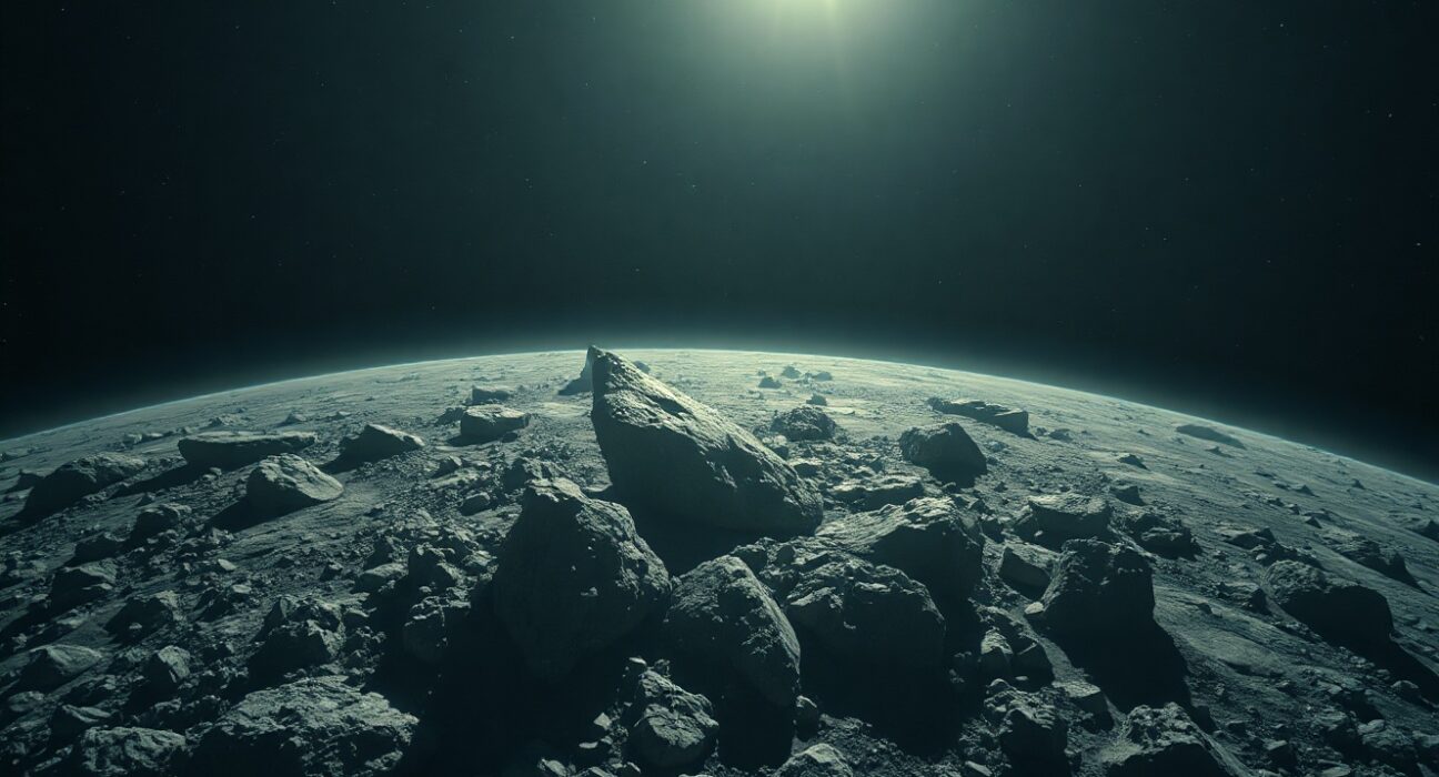 Asteroid surface in deep space, representing the high costs and challenges of asteroid mining.