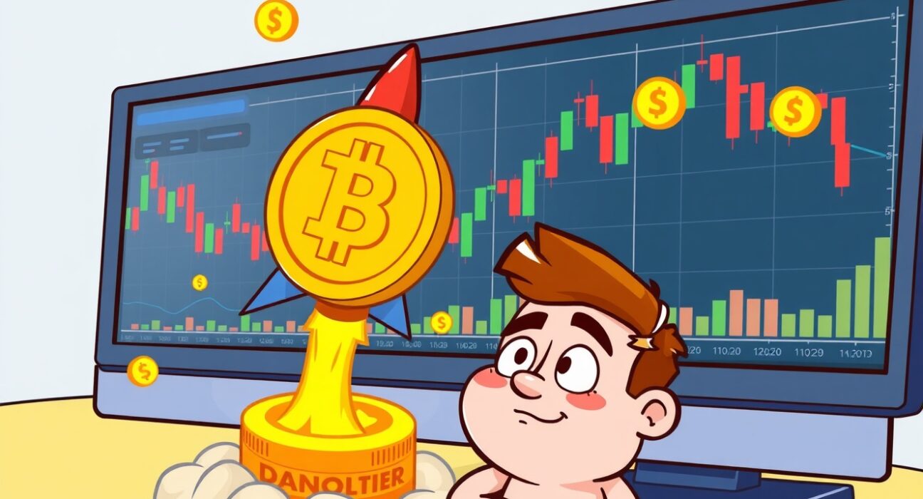 An animated trader excitedly looking at a screen displaying AT perpetual futures charts on Binance, highlighting the potential of high leverage trading.