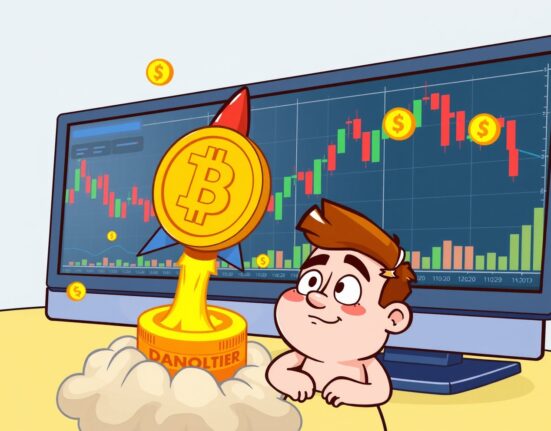 An animated trader excitedly looking at a screen displaying AT perpetual futures charts on Binance, highlighting the potential of high leverage trading.