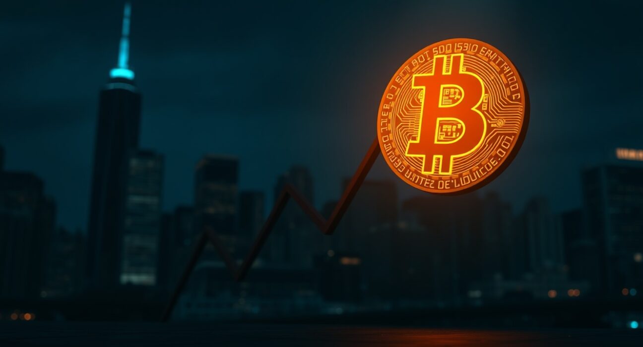 Bitcoin symbol in sharp focus against a dark, blurry city skyline, representing a bearish market forecast.