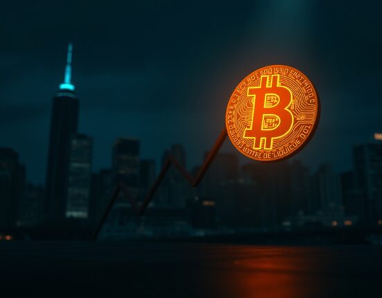 Bitcoin symbol in sharp focus against a dark, blurry city skyline, representing a bearish market forecast.