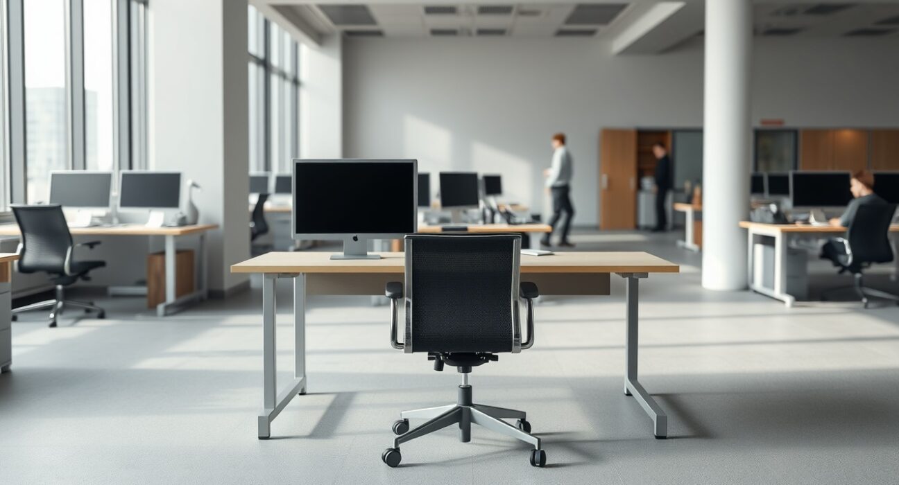 Empty office desk symbolizing Atlassian's 2026 AI-driven workforce restructuring and tech industry layoffs.