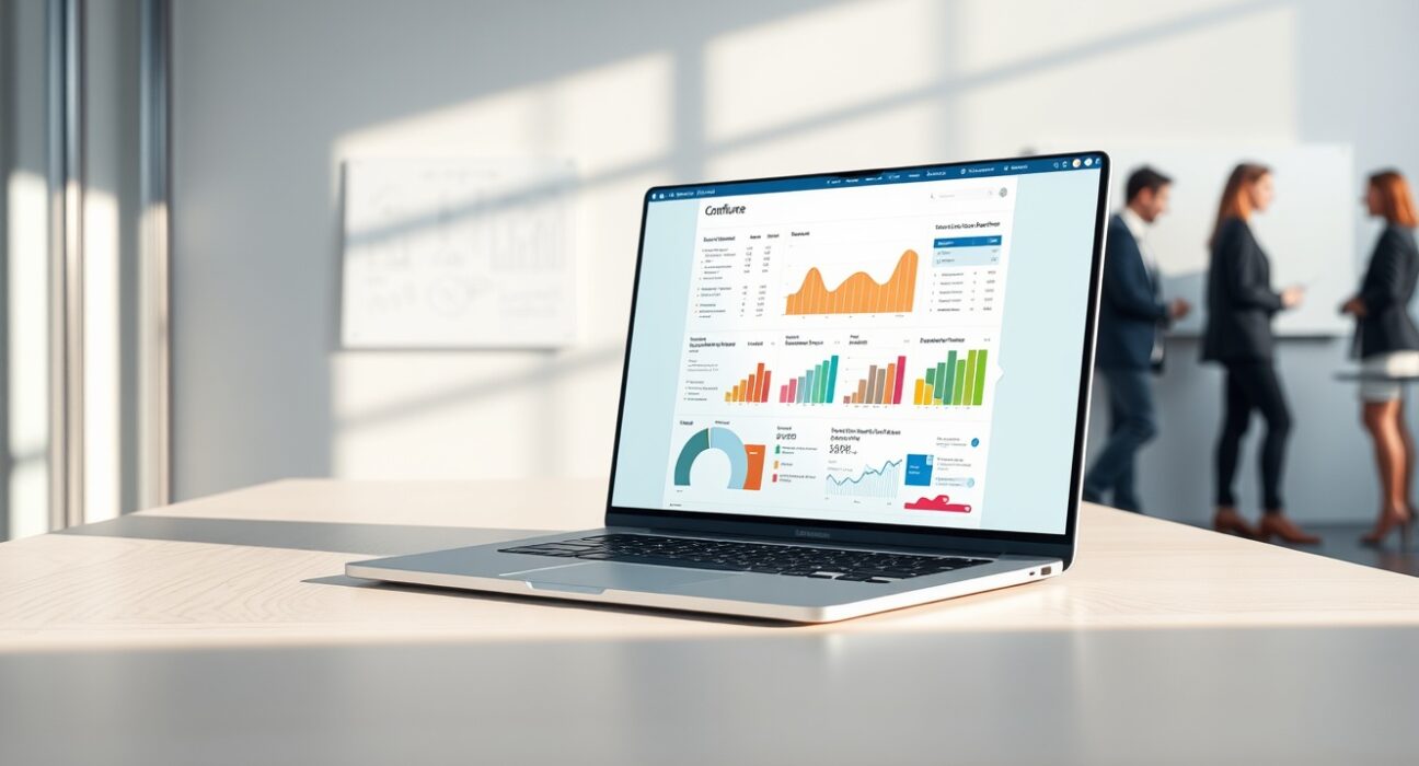 Atlassian Confluence AI transforming data into visual charts and graphics on a laptop in a modern office.