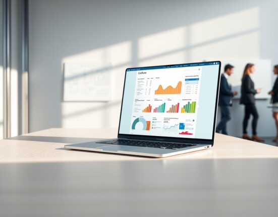 Atlassian Confluence AI transforming data into visual charts and graphics on a laptop in a modern office.