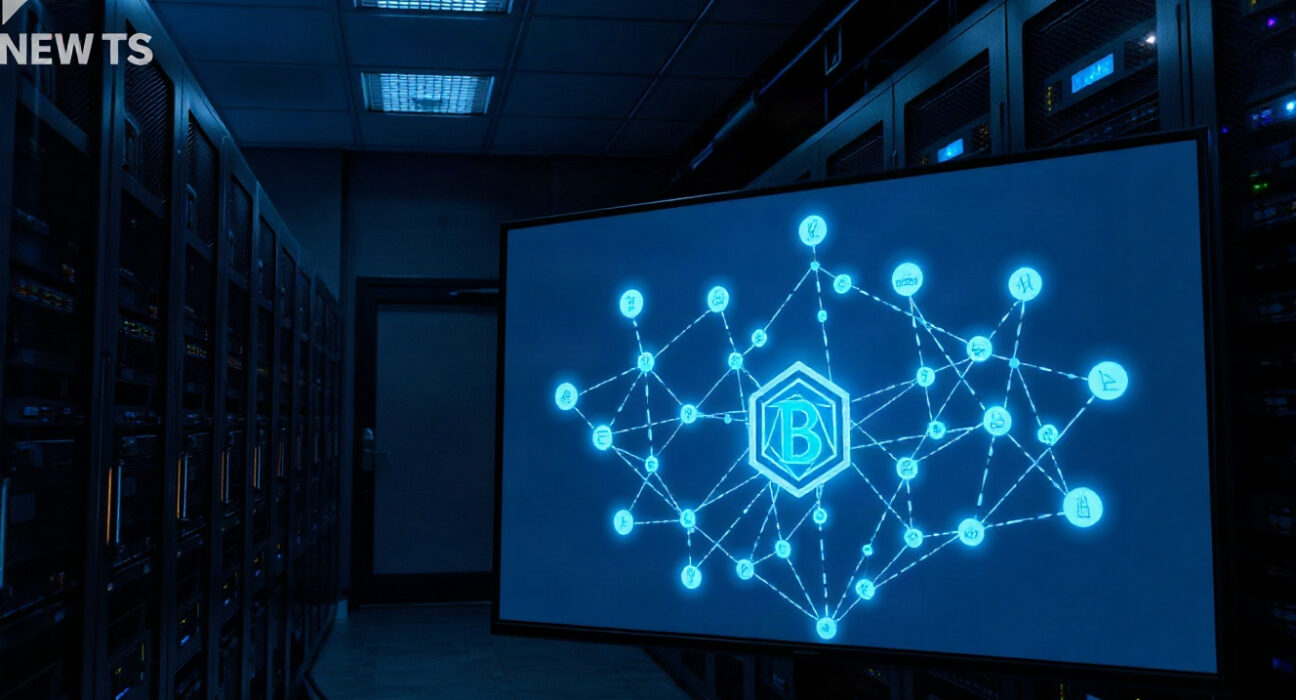 Server room with a network diagram on a screen, representing a blockchain security breach.