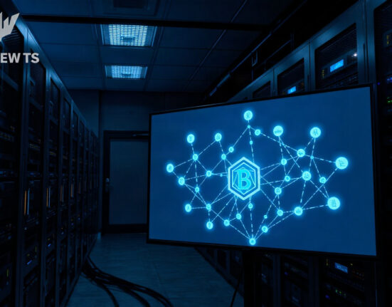 Server room with a network diagram on a screen, representing a blockchain security breach.