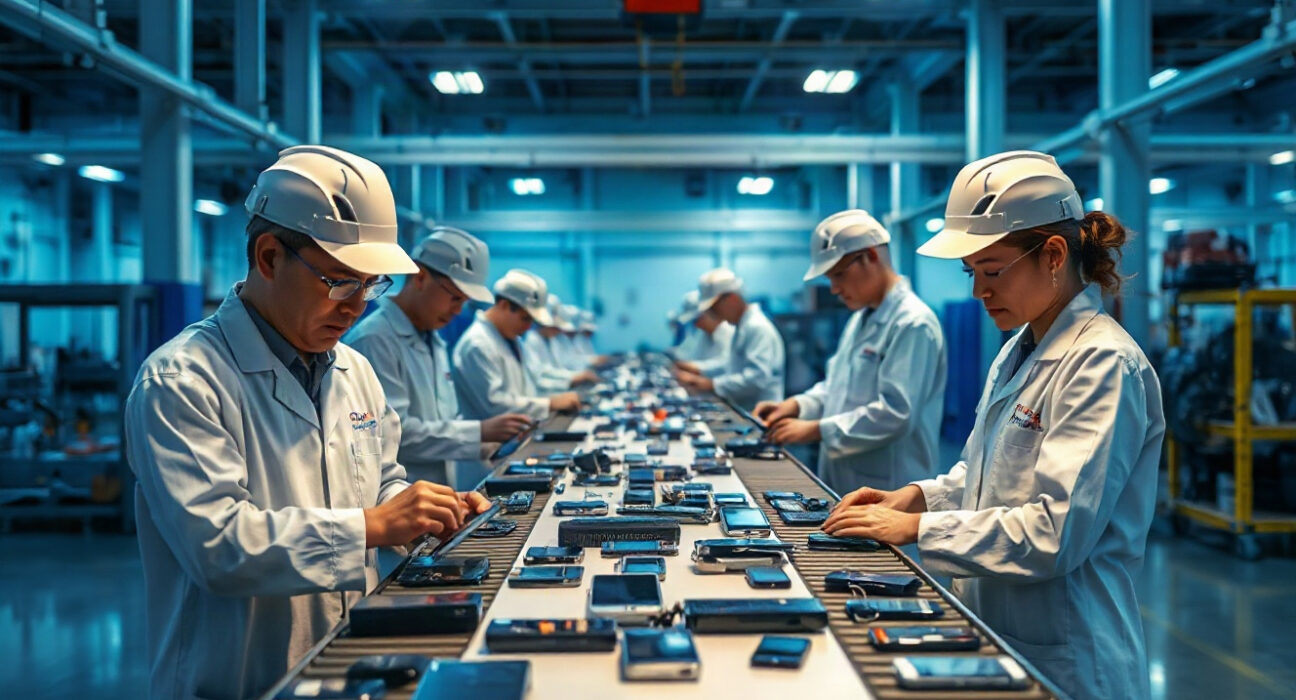 Workers inspecting used electronics at an ATRenew facility in China