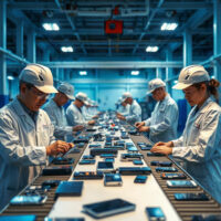 Workers inspecting used electronics at an ATRenew facility in China