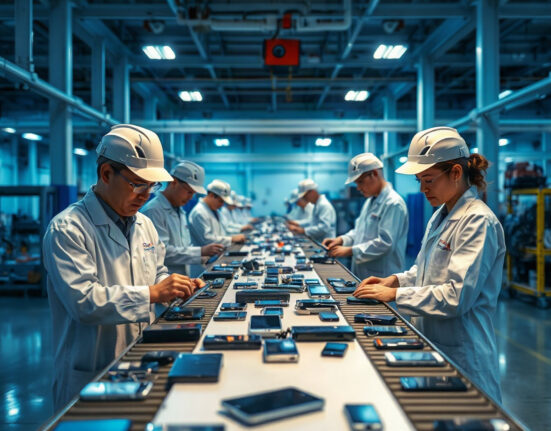 Workers inspecting used electronics at an ATRenew facility in China