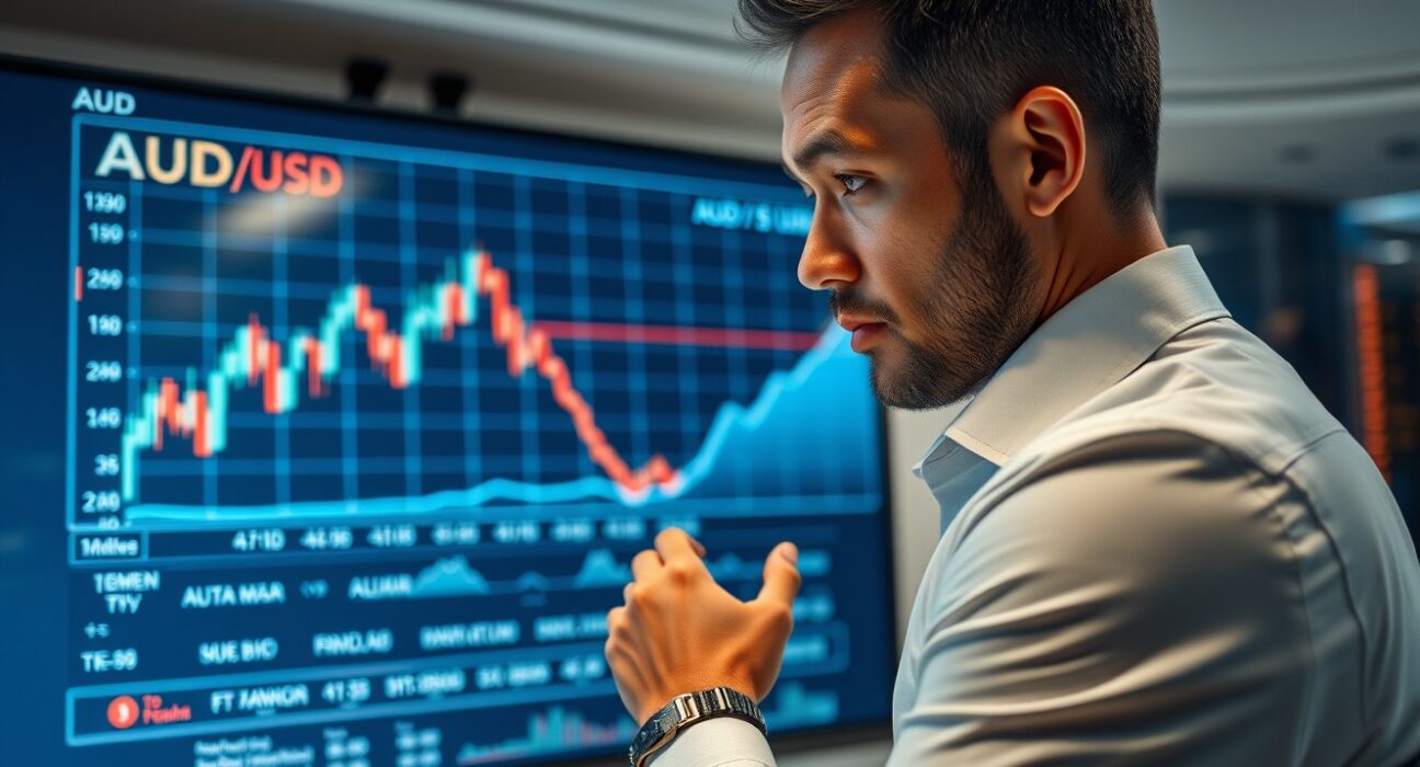 Financial analyst monitoring AUD/USD forex chart on a large screen in a modern newsroom.