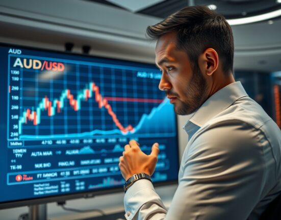Financial analyst monitoring AUD/USD forex chart on a large screen in a modern newsroom.