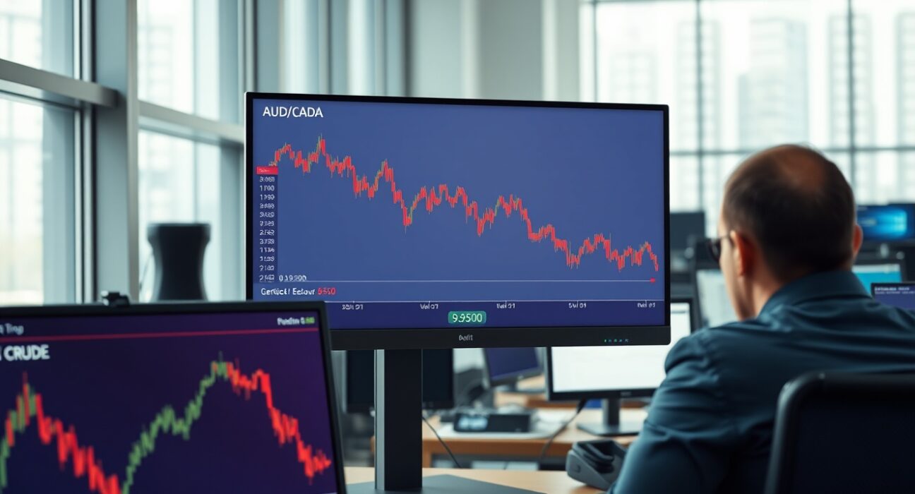 AUD/CAD exchange rate chart falling below 0.9500 alongside rising oil prices on a trading desk.