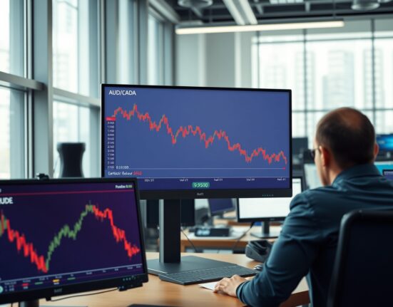 AUD/CAD exchange rate chart falling below 0.9500 alongside rising oil prices on a trading desk.