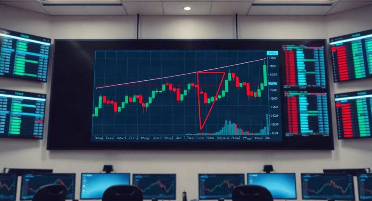 AUD/CAD chart showing a symmetrical triangle pattern on a trading screen