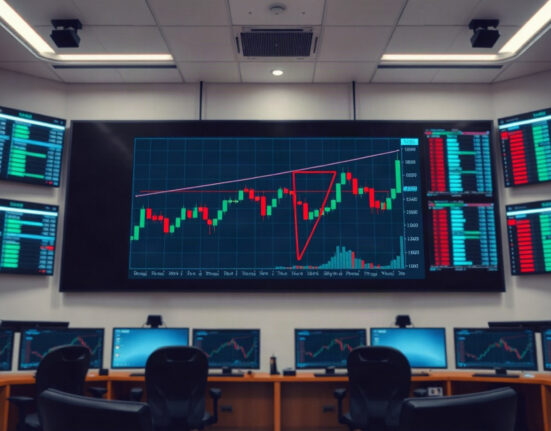 AUD/CAD chart showing a symmetrical triangle pattern on a trading screen