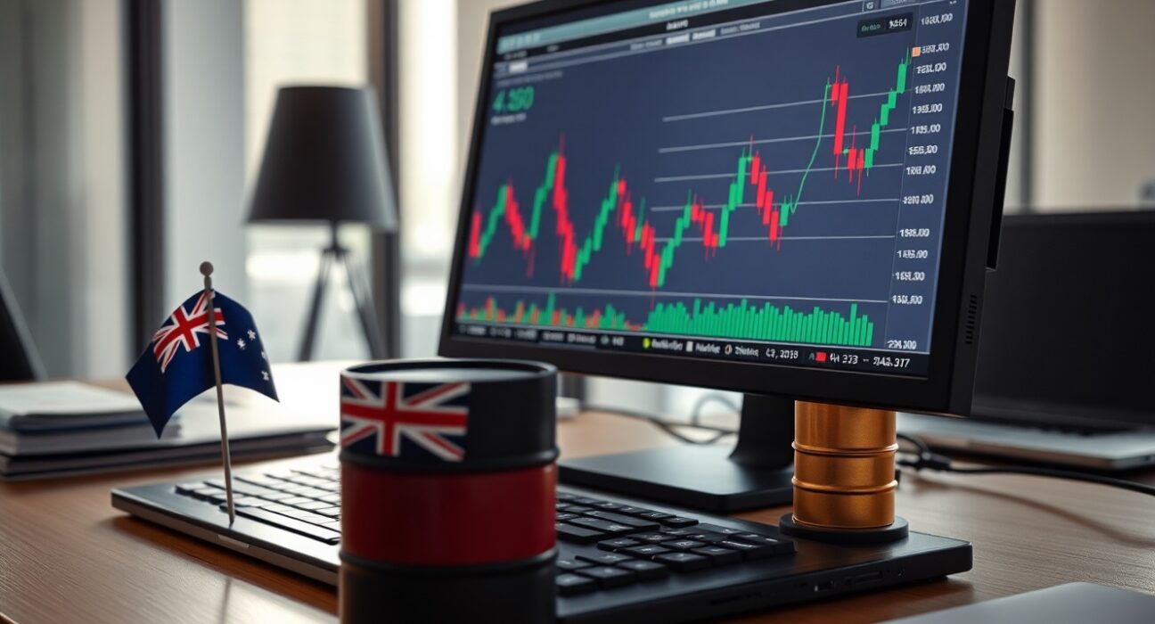 AUD/USD forex chart on a computer monitor with Australian flag and oil barrel on desk