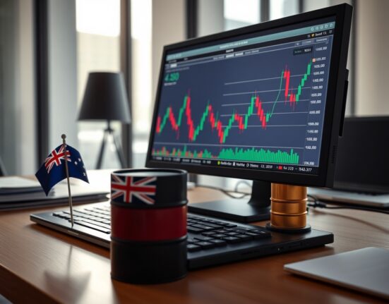 AUD/USD forex chart on a computer monitor with Australian flag and oil barrel on desk