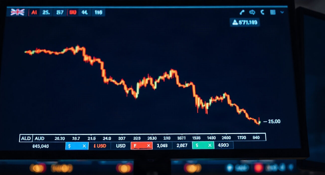 Financial monitor showing a downward trending chart for the Australian dollar.