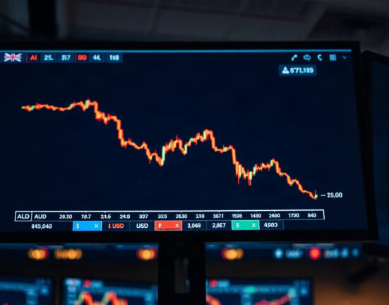 Financial monitor showing a downward trending chart for the Australian dollar.