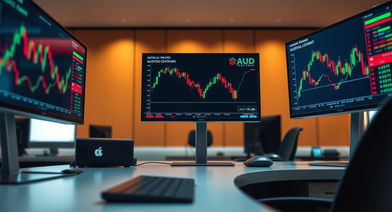 Financial trading desk with monitors showing AUD currency charts and data