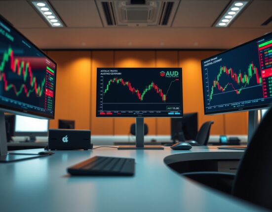 Financial trading desk with monitors showing AUD currency charts and data
