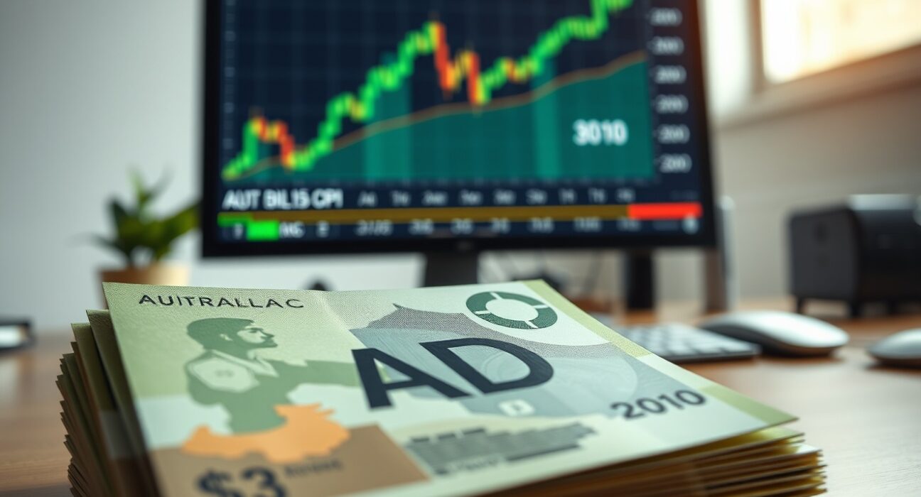 Australian Dollar banknotes on a trading desk with a monitor showing a financial chart and China CPI data.