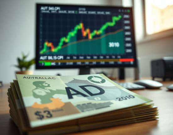 Australian Dollar banknotes on a trading desk with a monitor showing a financial chart and China CPI data.