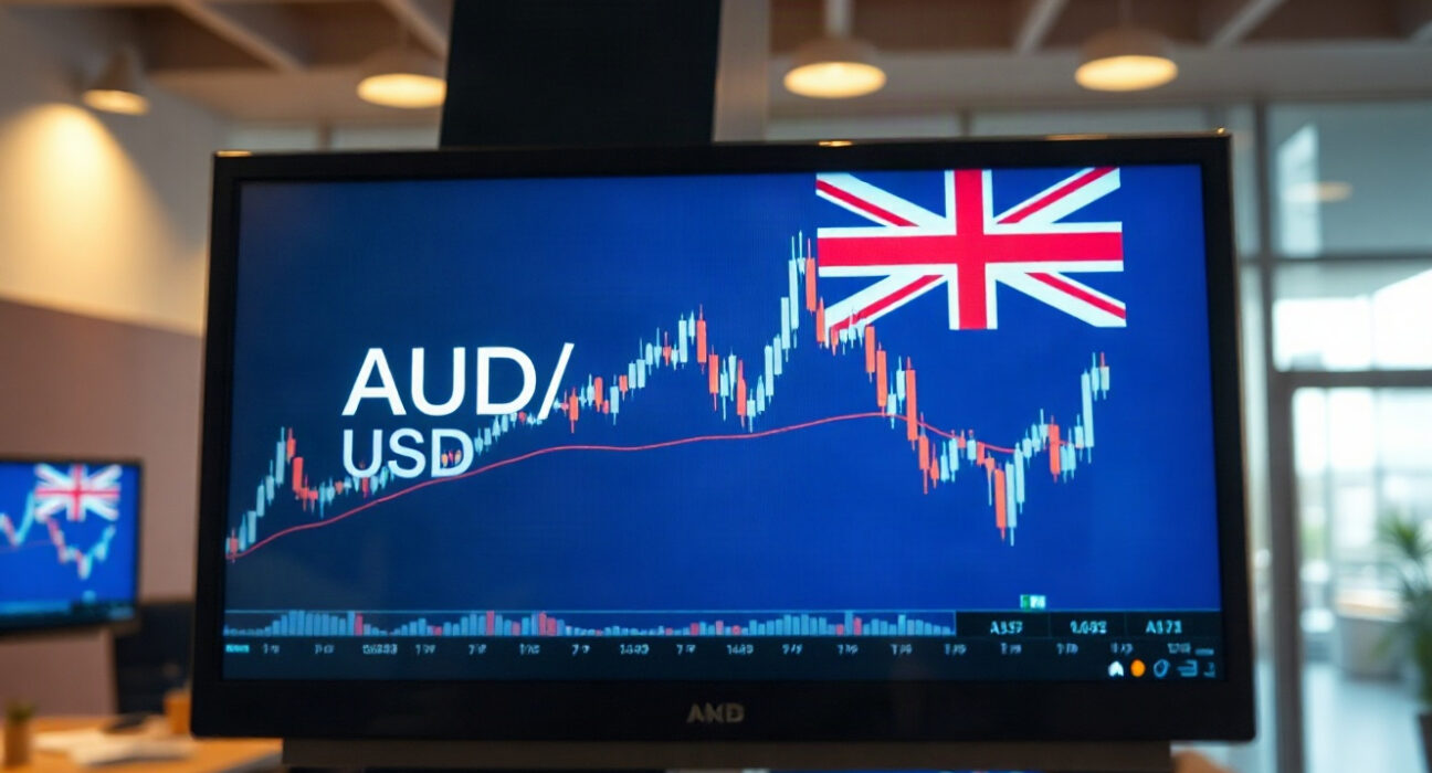 AUD/USD currency chart on a trading screen in a financial newsroom