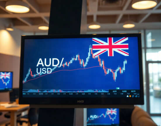 AUD/USD currency chart on a trading screen in a financial newsroom
