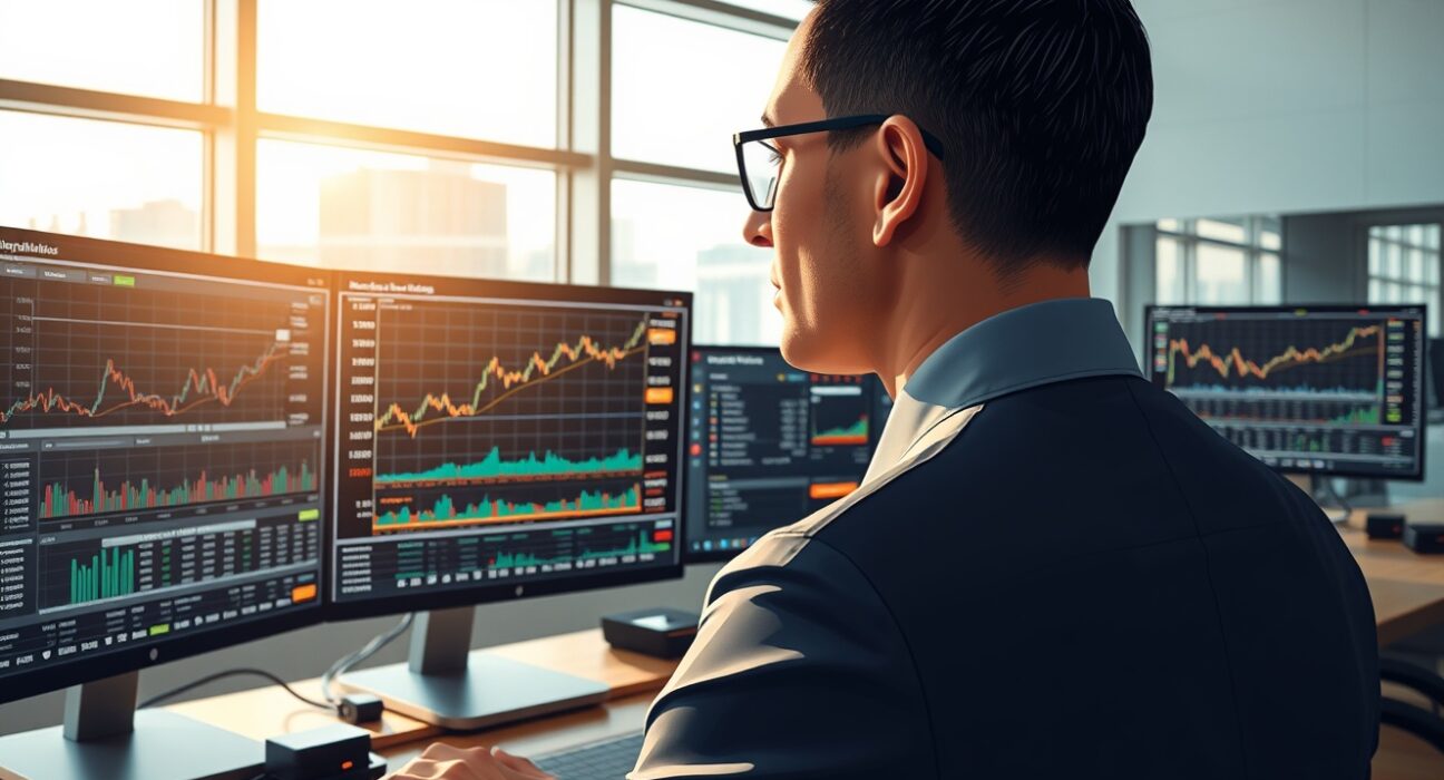 Financial analyst reviewing Australian dollar charts during geopolitical market analysis