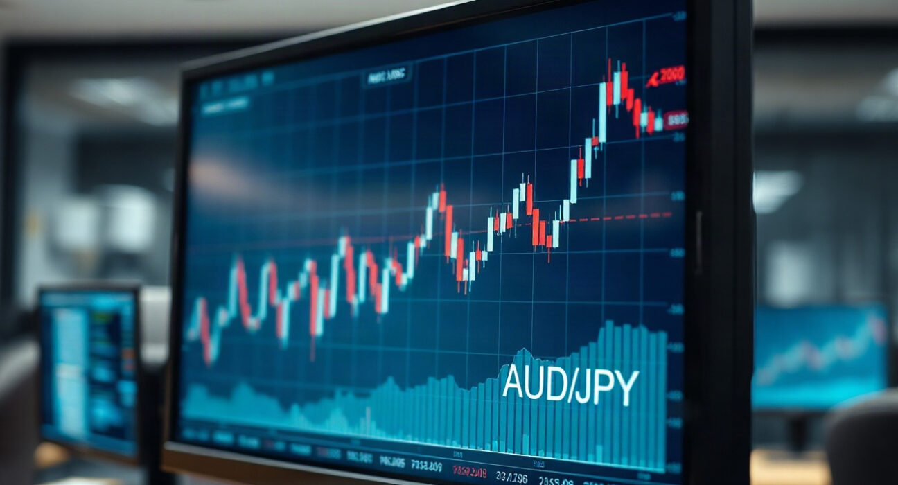 AUD/JPY currency chart on a trading screen in a modern office