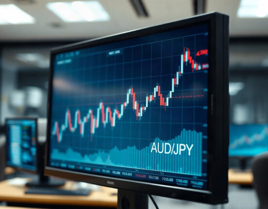 AUD/JPY currency chart on a trading screen in a modern office