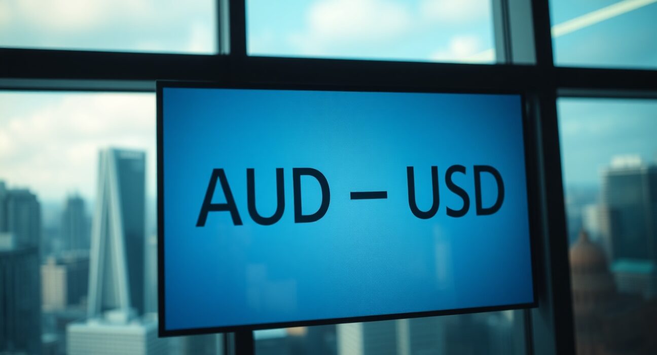 AUD/USD exchange rate board on a trading floor with financial district in background