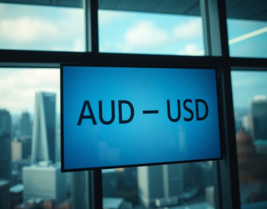 AUD/USD exchange rate board on a trading floor with financial district in background