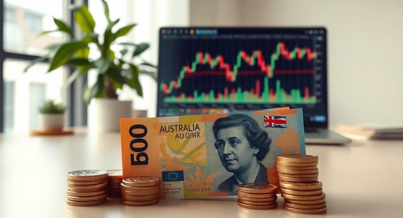 Australian dollar banknotes and coins on a desk with a financial chart in the background
