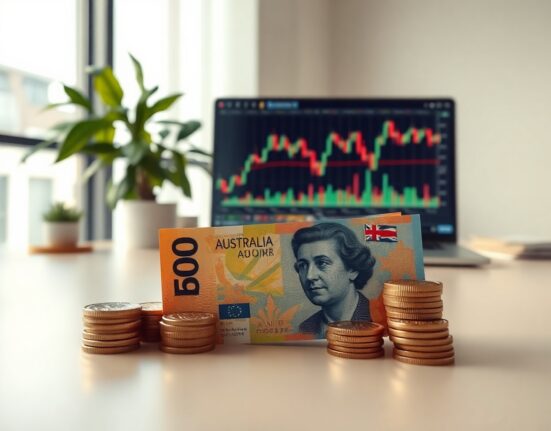 Australian dollar banknotes and coins on a desk with a financial chart in the background
