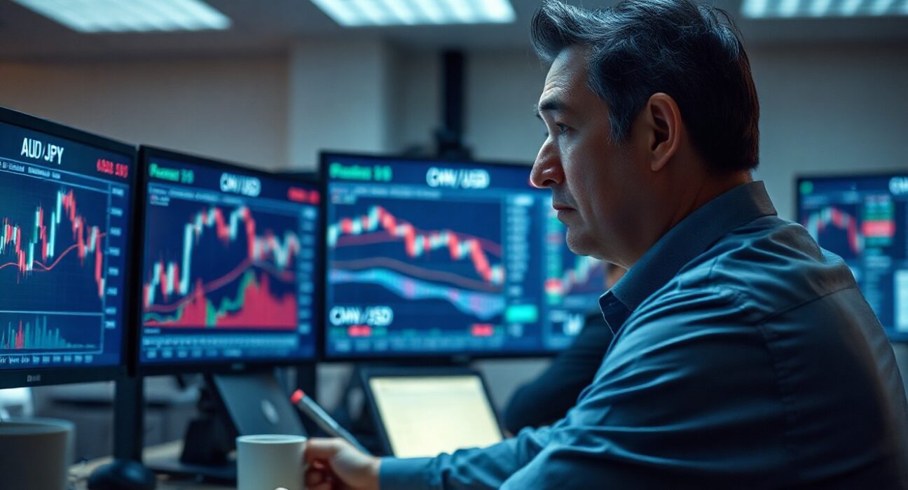 Forex trader monitoring AUD/JPY and currency charts on multiple screens in a modern trading office