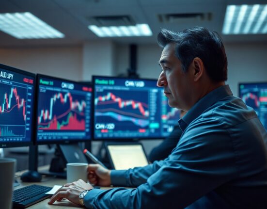 Forex trader monitoring AUD/JPY and currency charts on multiple screens in a modern trading office