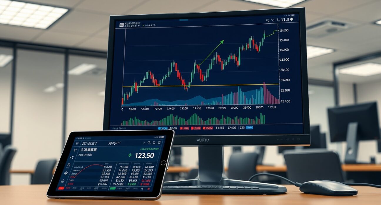 Professional trading desk monitor showing AUD/JPY chart analysis following Chinese inflation data release.
