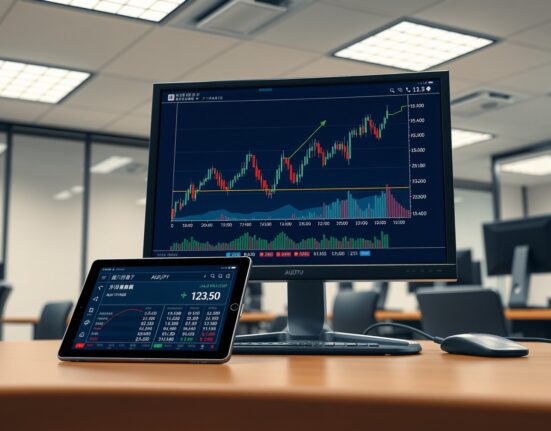 Professional trading desk monitor showing AUD/JPY chart analysis following Chinese inflation data release.