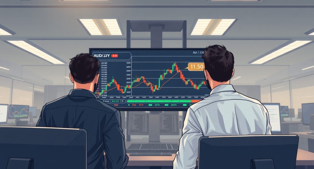 Professional forex traders analyzing AUD/JPY currency pair data on trading desk monitors.